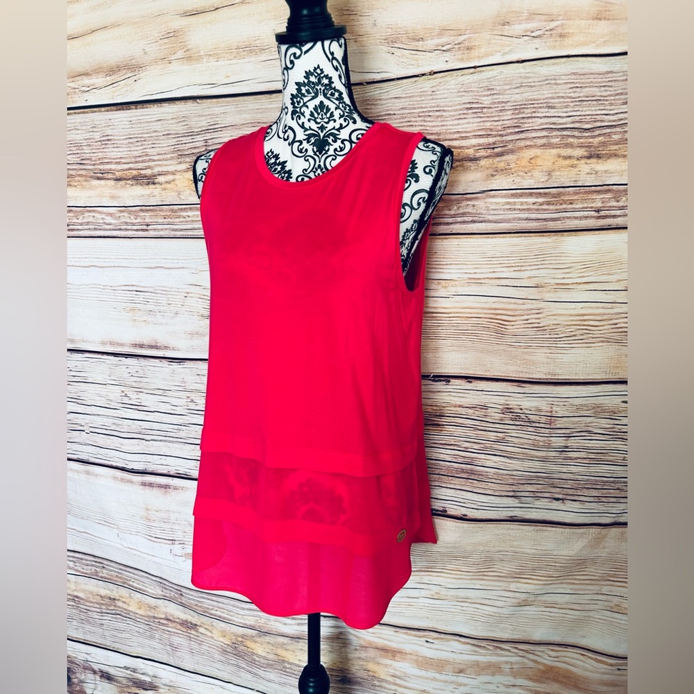 MICHAEL Michel Kors Fuchsia Pink Crew Neck Faux Layer Logo Sleeveless Tank Top